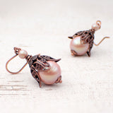 Pearlescent Pink Handmade Earrings with Victorian Style Antiqued Copper Floral Filigree