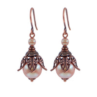 Pearlescent Pink Handmade Earrings with Victorian Style Antiqued Copper Floral Filigree