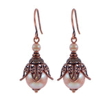 Pearlescent Pink Handmade Earrings with Victorian Style Antiqued Copper Floral Filigree