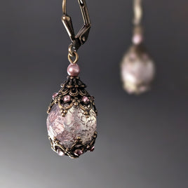 Powder Pink and Bronze Fancy Victorian Style Crystal Earrings with antiqued bronze and Crystal rhinestones