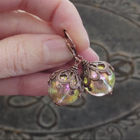 Iridescent Bead Earrings Pink and Green with Victorian Style Antiqued Copper Floral Filigree