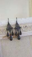 Lacy Gothic Chandelier Earrings with All Black Metal and Crystal Pearls