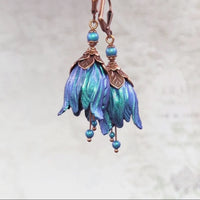 Iridescent Blue and Teal Flower Earrings with Antiqued Copper
