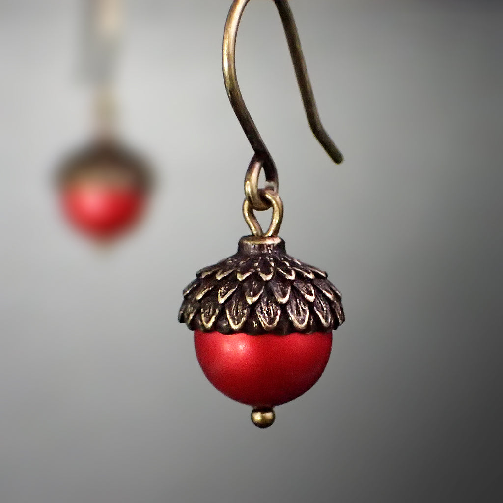 Acorn Earrings with Red Crystal Pearls and Antiqued Brass
