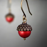 Acorn Earrings with Red Crystal Pearls and Antiqued Brass