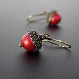 Acorn Earrings with Red Crystal Pearls and Antiqued Brass