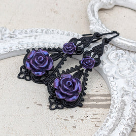 Iridescent Purple and Black gothic victorian Resin Rose Earrings