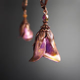 Iridescent Flower Earrings, Pink, Orange, and Yellow with Antiqued Copper