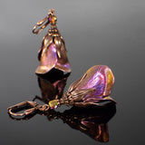 Iridescent Flower Earrings, Pink, Orange, and Yellow with Antiqued Copper
