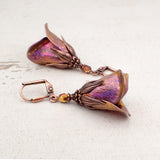 Iridescent Flower Earrings, Pink, Orange, and Yellow with Antiqued Copper