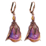 Iridescent Flower Earrings, Pink, Orange, and Yellow with Antiqued Copper