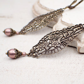 Victorian Filigree Drop Earrings with Floral Details, Handmade Antiqued Brass Earrings with Dusty Rose Pink Beads