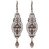 Victorian Style Filigree Drop Earrings, Antiqued Brass with Dusty Pink Beads
