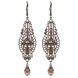 Victorian Style Filigree Drop Earrings, Antiqued Brass with Dusty Pink Beads