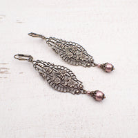 Victorian Filigree Drop Earrings with Floral Details, Handmade Antiqued Brass Earrings with Dusty Rose Pink Beads