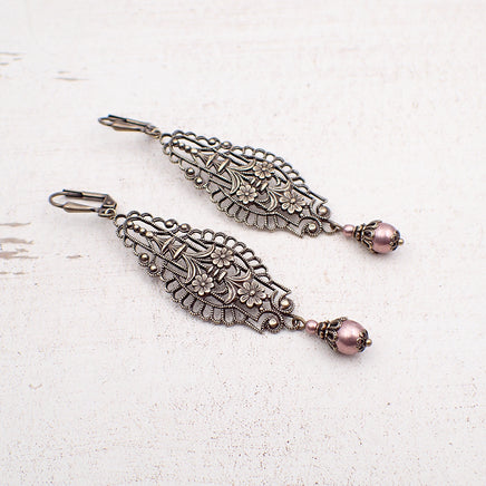 Victorian Filigree Drop Earrings with Floral Details, Handmade Antiqued Brass Earrings with Dusty Rose Pink Beads