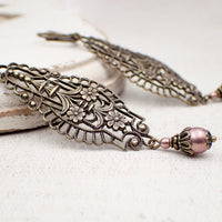 Victorian Style Filigree Drop Earrings, Antiqued Brass with Dusty Pink Beads