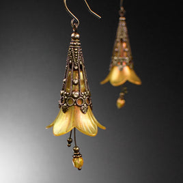 long Lucite Flower Earrings in Iridescent Golden Yellow and Orange with antiqued brass filigree