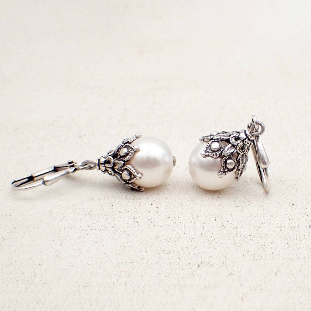 White Crystal Pearl Victorian Style Earrings