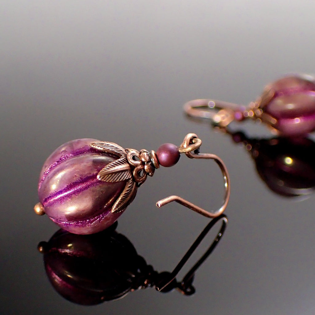 Purple Artisan Czech Glass Melon Bead Earrings with Antiqued Copper