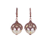 Iridescent Bead Earrings Pink and Green with Victorian Style Antiqued Copper Floral Filigree