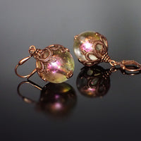 Iridescent Bead Earrings Pink and Green with Victorian Style Antiqued Copper Floral Filigree