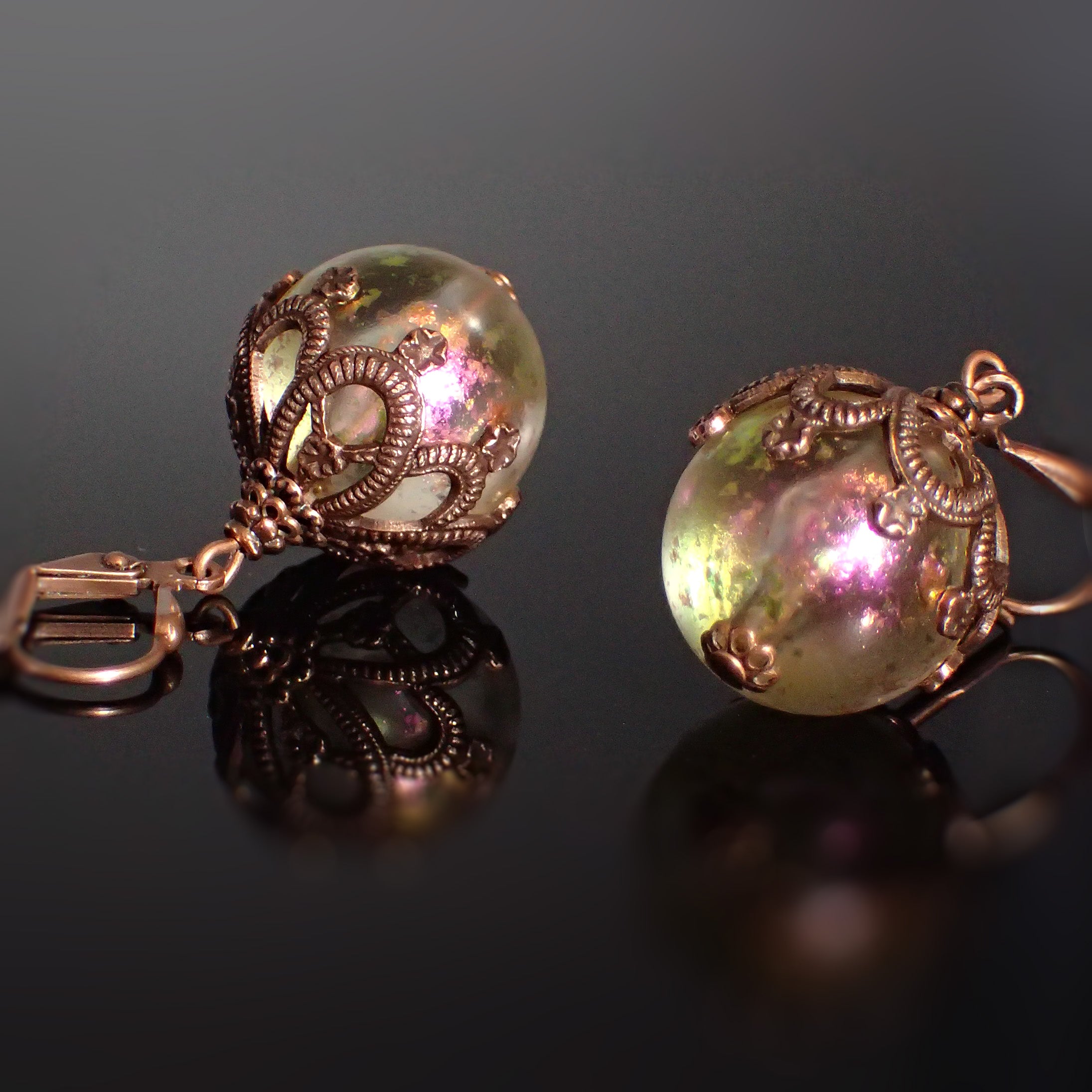 Iridescent Bead Earrings Pink and Green with Victorian Style Antiqued Copper Floral Filigree