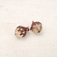 Iridescent Bead Earrings Pink and Green with Victorian Style Antiqued Copper Floral Filigree