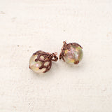 Iridescent Bead Earrings Pink and Green with Victorian Style Antiqued Copper Floral Filigree