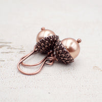Acorn Earrings with Rose Gold-Colored Austrian Crystal Pearls and Antiqued Copper