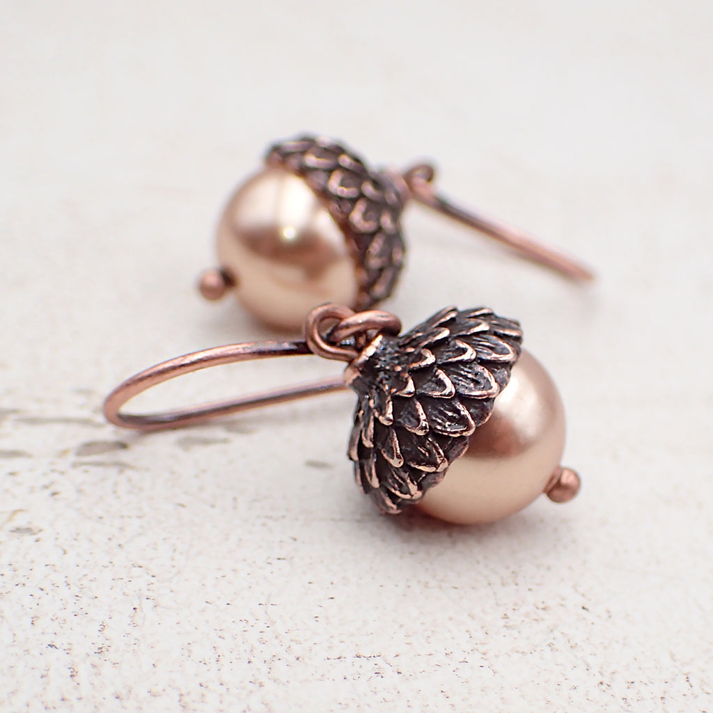 Acorn Earrings with Rose Gold-Colored Crystal Pearls and Antiqued Copper