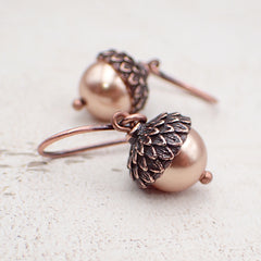 Acorn Earrings with Rose Gold-Colored Austrian Crystal Pearls and Antiqued Copper