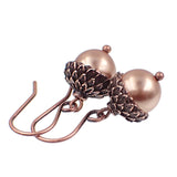 Acorn Earrings with Rose Gold-Colored Crystal Pearls and Antiqued Copper