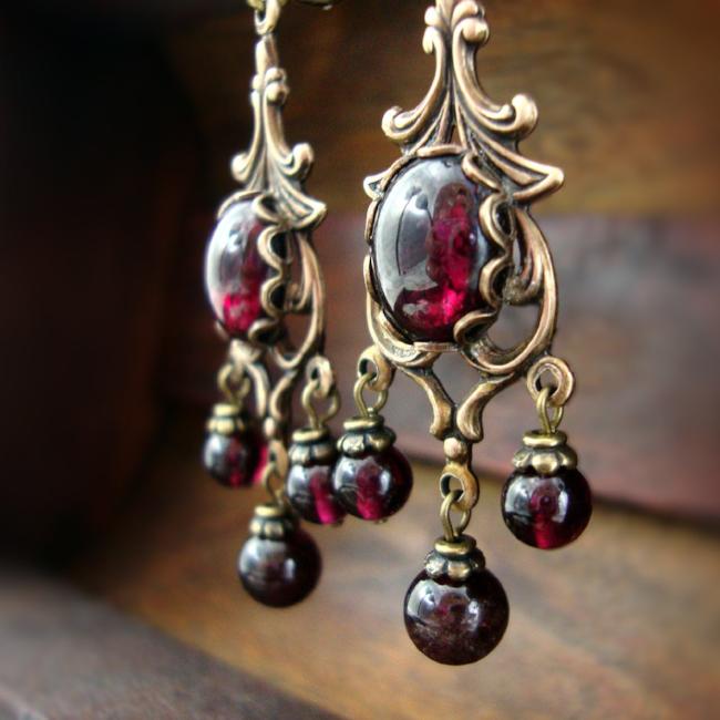 Victorian Style Natural Garnet Cabochon Chandelier Earrings
