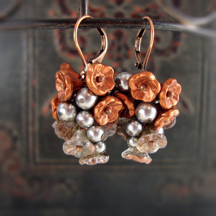 Rustic Copper and Silver Flower Cluster Earrings