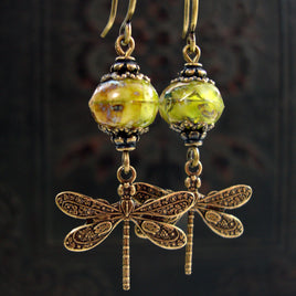 Swirly Green Victorian Dragonfly Earrings