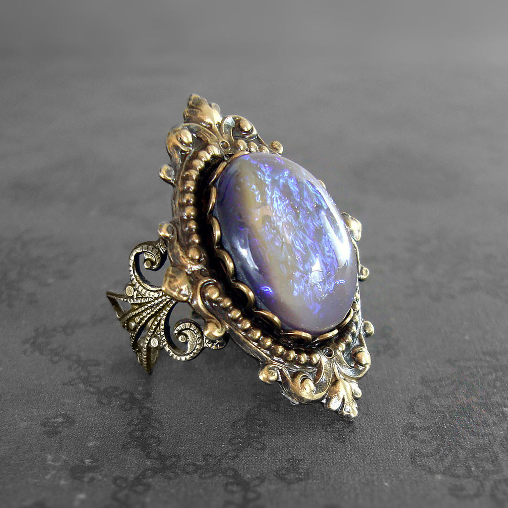 Tanzanite Opal Cabochon Victorian Filigree Ring