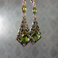 Filigree Wrapped Earrings with Olive Green Crystals