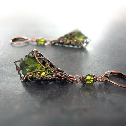Filigree Wrapped Earrings with Olive Green Crystals