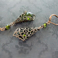 Filigree Wrapped Earrings with Olive Green Crystals back view