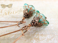Aqua Blue and Copper Long Flower Earrings
