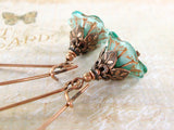 Aqua Blue and Copper Long Flower Earrings