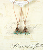 Aqua Blue and Copper Long Flower Earrings