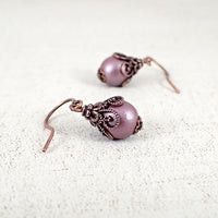 Mauve Victorian Style Glass Pearl Earrings