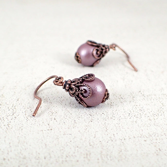 Mauve Victorian Style Glass Pearl Earrings