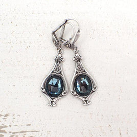 Denim Blue and Antiqued Silver Czech Glass Stone Earrings