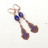 Antique Style Copper Drop Earrings with Majestic Blue Crystals