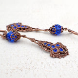 Antique Style Copper Drop Earrings with Majestic Blue Crystals