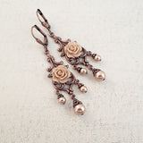 Rose Gold Pearl and Copper Floral Chandelier Earrings