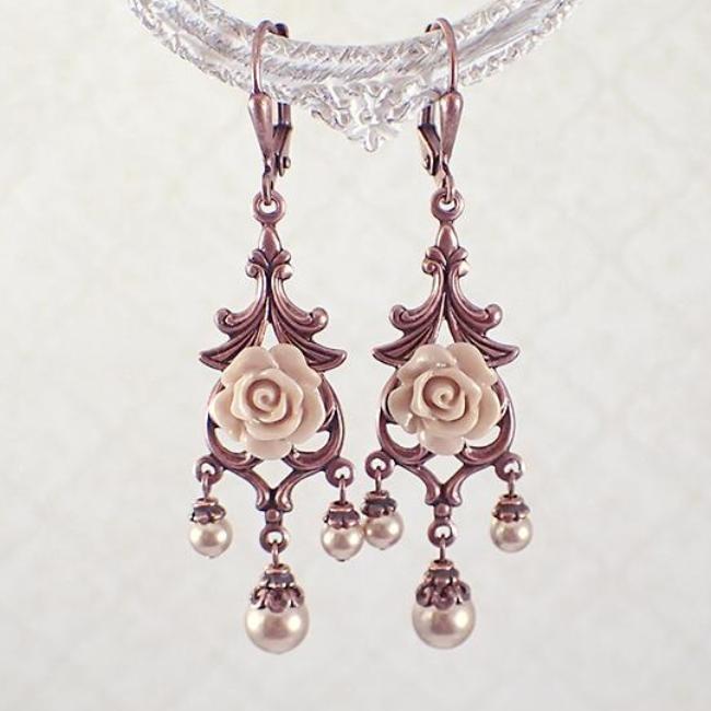 Rose Gold Pearl and Copper Floral Chandelier Earrings